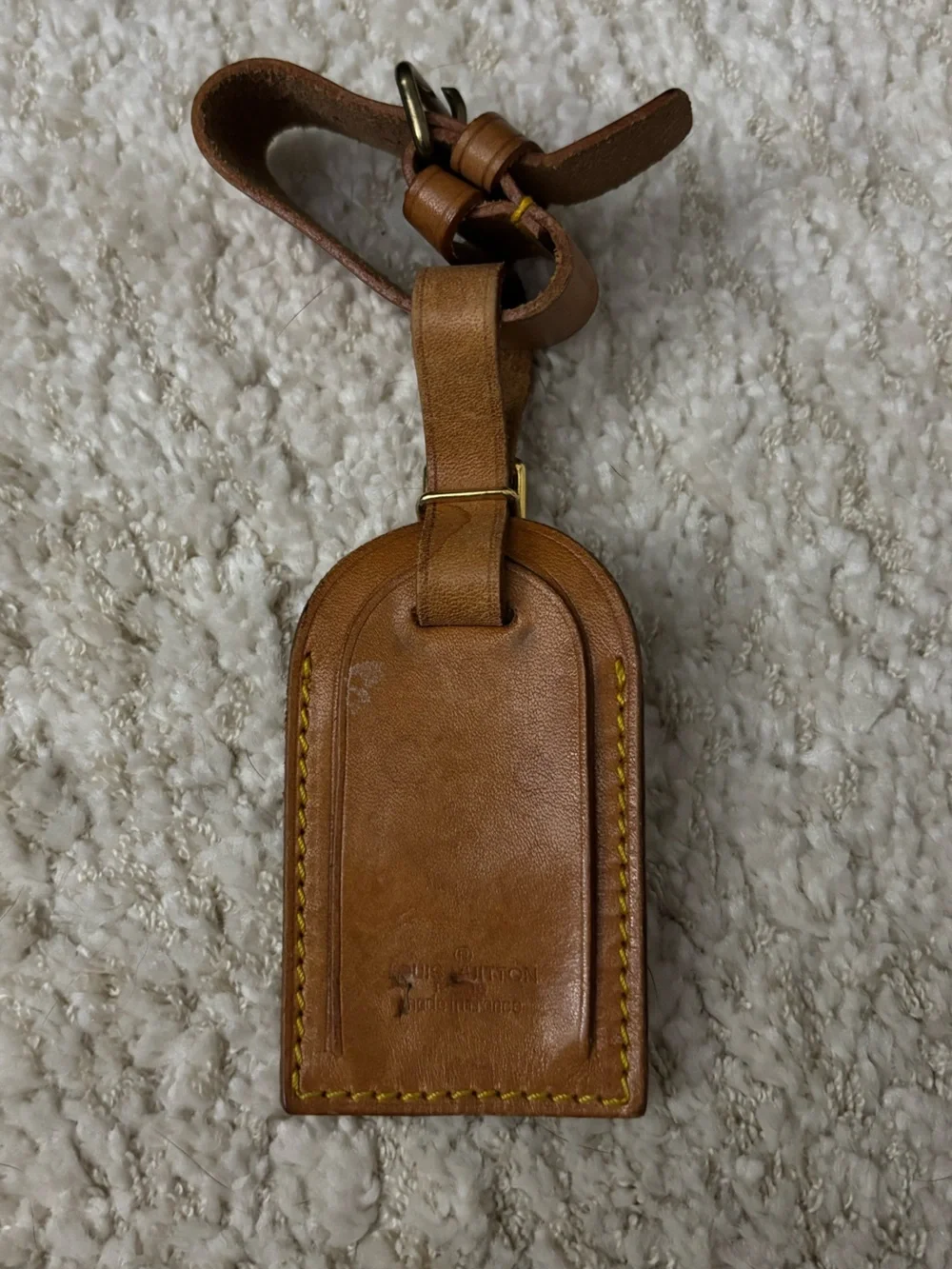 Louis Vuitton Brown Leather Luggage Tag with Yellow Stitching